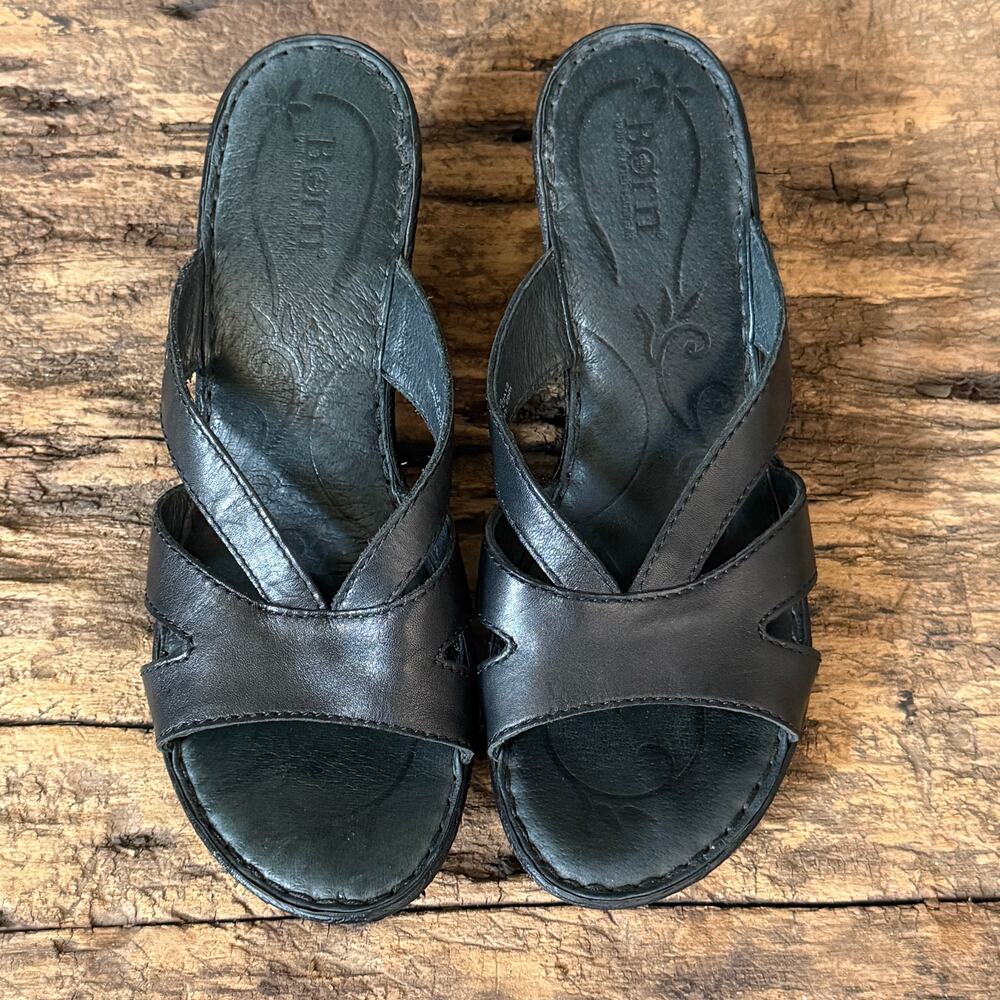 Born Handcrafted Black Leather Crossover Slide Sandal Size 8 Opanka